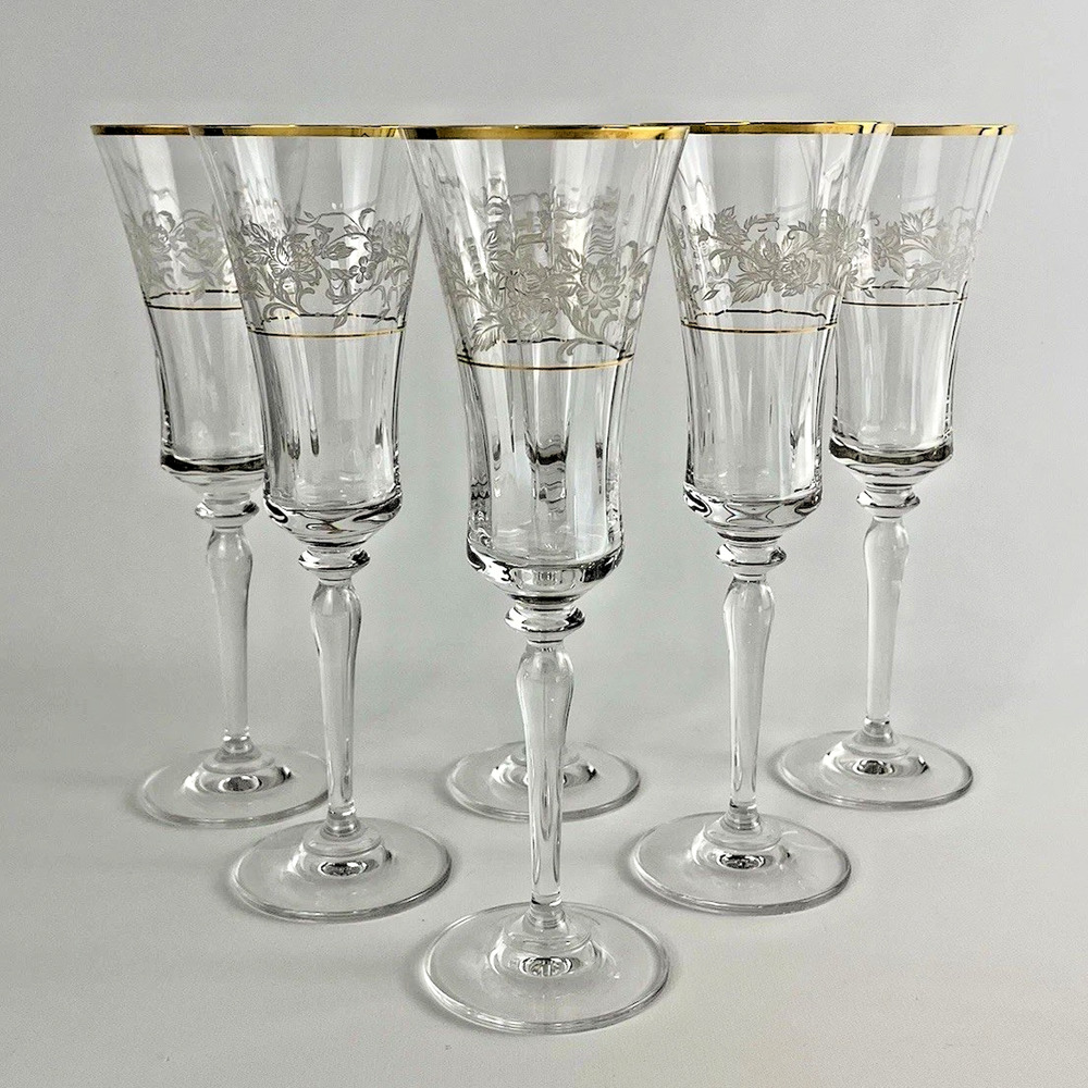 Mikasa Antique Lace Fluted Champagne Glasses Gold Trim Middle Frosted Floral ~ 6